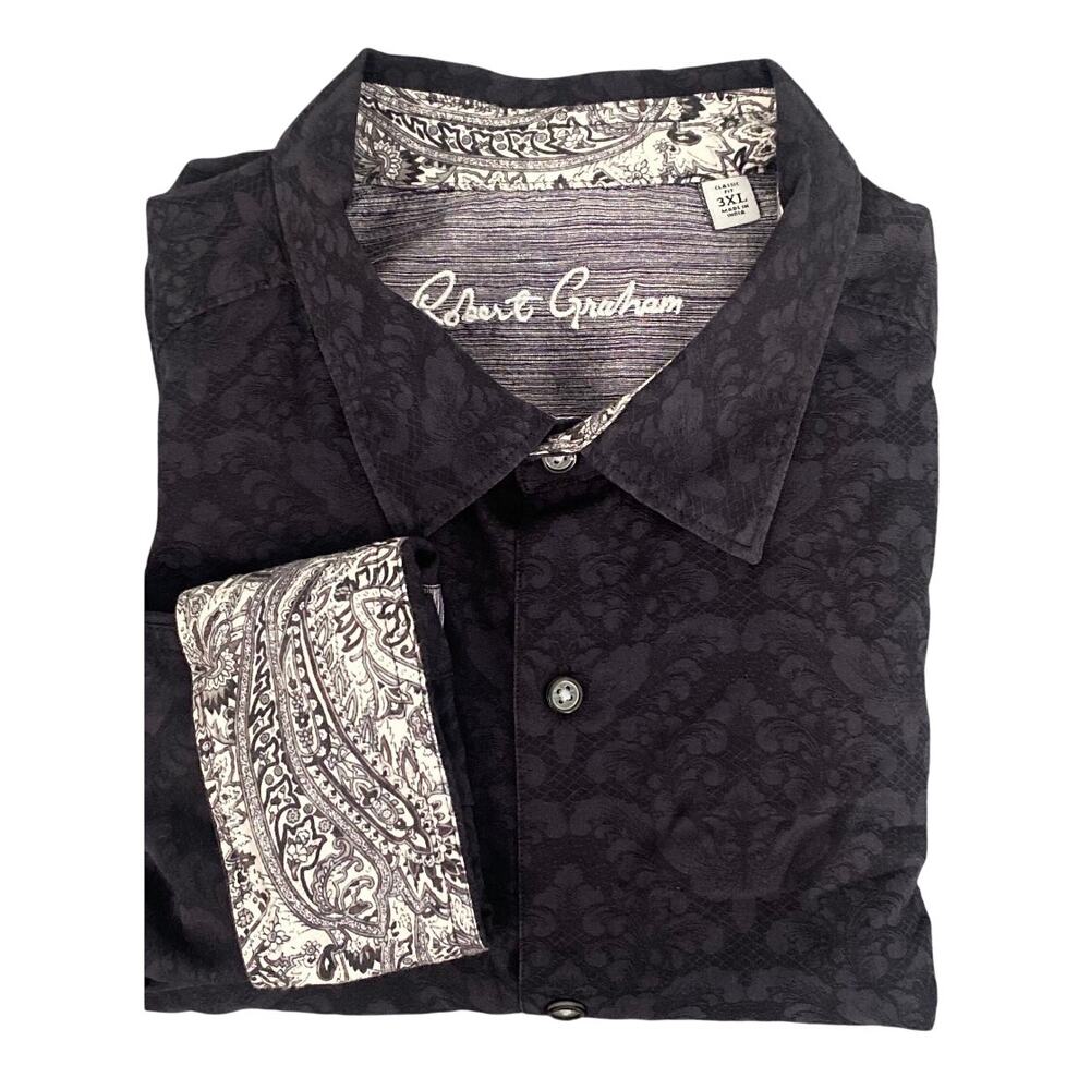 Robert Graham Black Damask Jacquard Button Shirt Paisley Flip Cuff Size 3XL